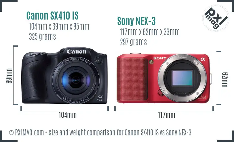 Canon SX410 IS vs Sony NEX-3 size comparison