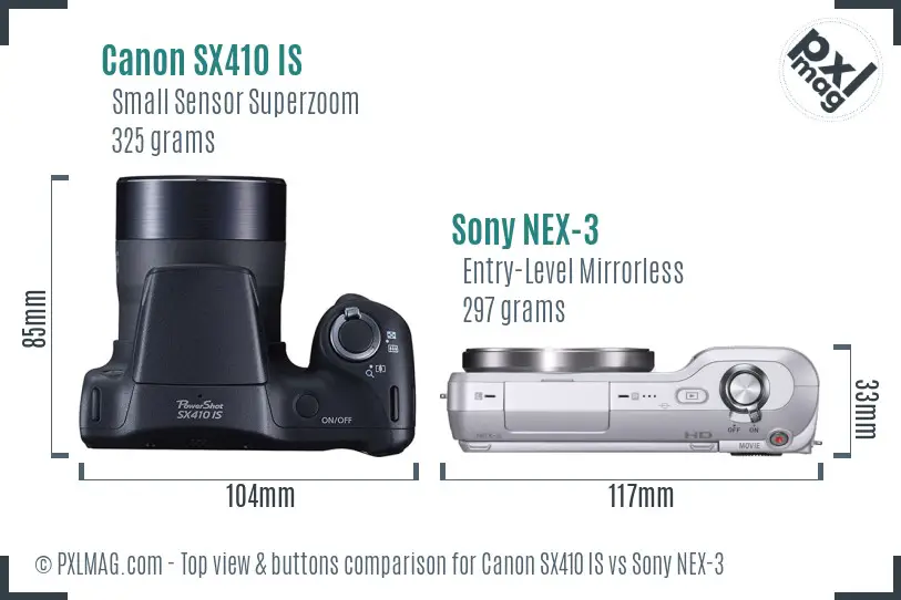 Canon SX410 IS vs Sony NEX-3 top view buttons comparison