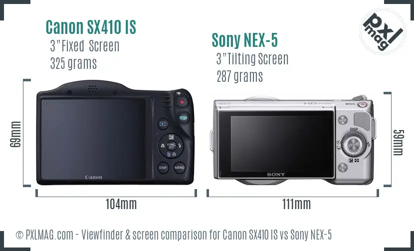 Canon SX410 IS vs Sony NEX-5 Screen and Viewfinder comparison