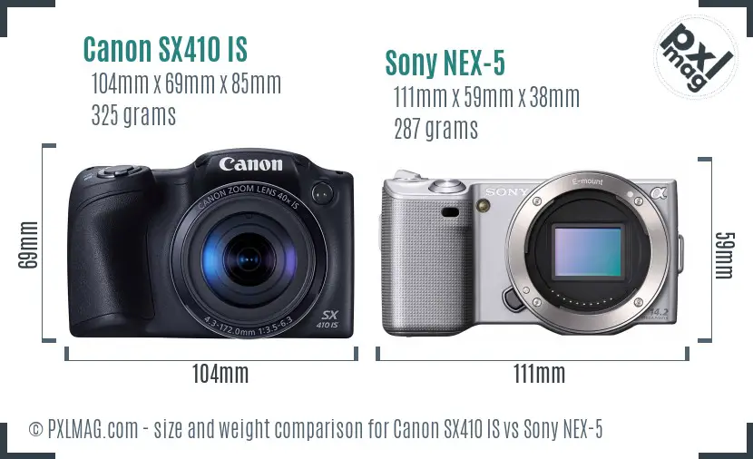 Canon SX410 IS vs Sony NEX-5 size comparison