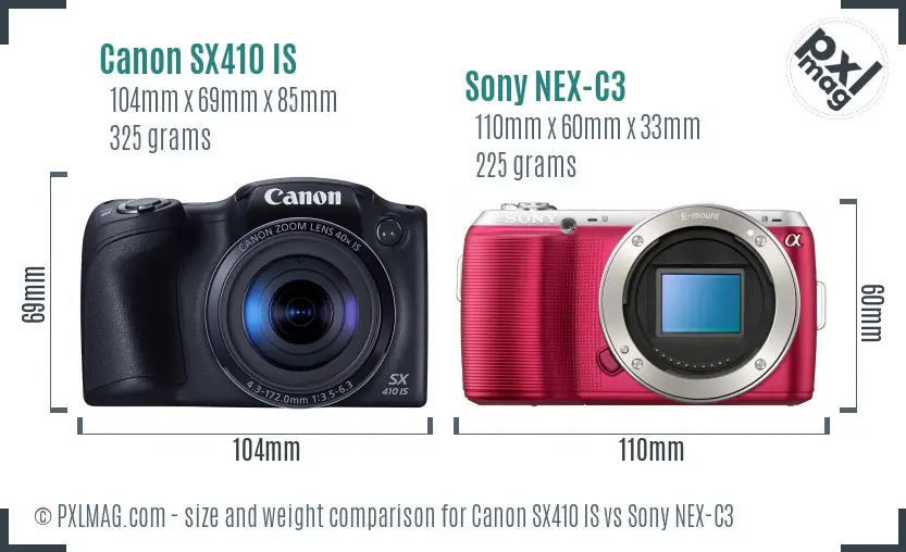 Canon SX410 IS vs Sony NEX-C3 size comparison