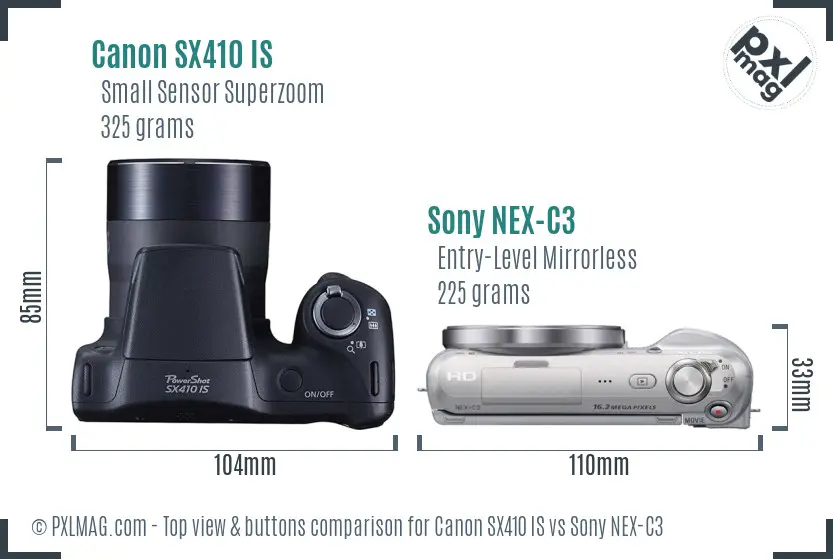 Canon SX410 IS vs Sony NEX-C3 top view buttons comparison