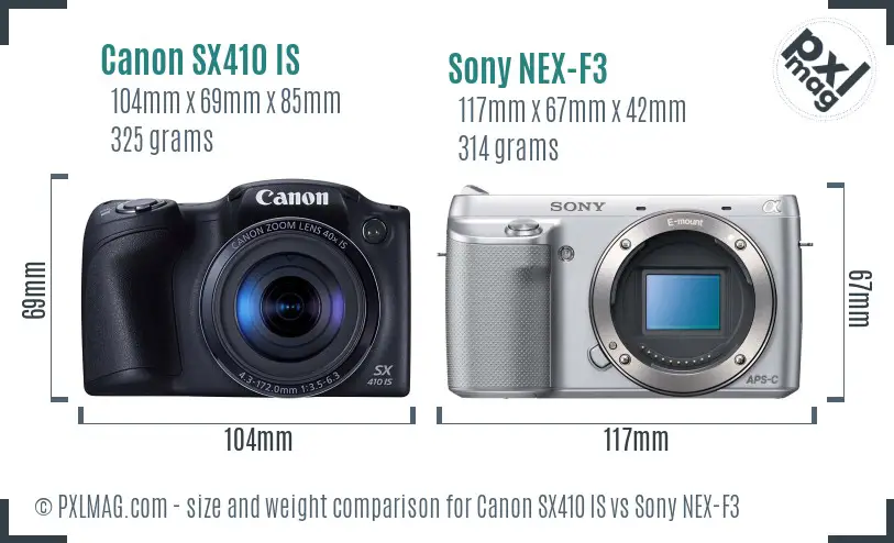 Canon SX410 IS vs Sony NEX-F3 size comparison