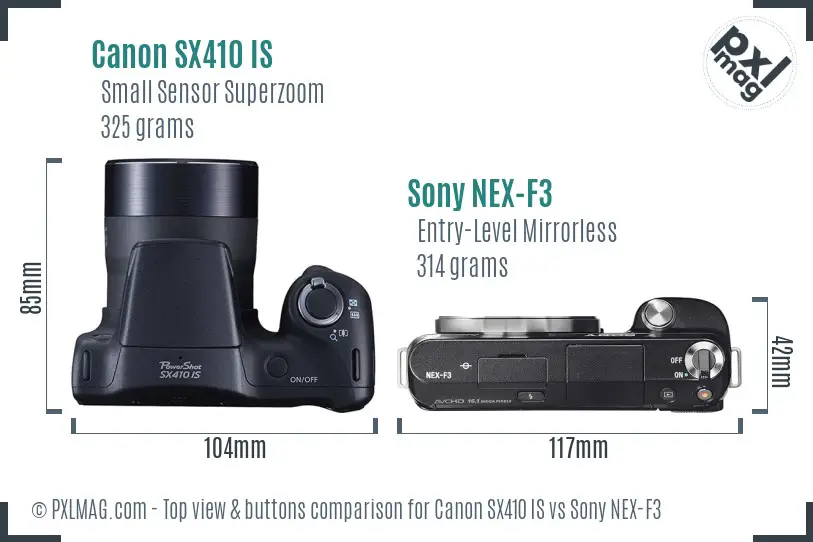 Canon SX410 IS vs Sony NEX-F3 top view buttons comparison