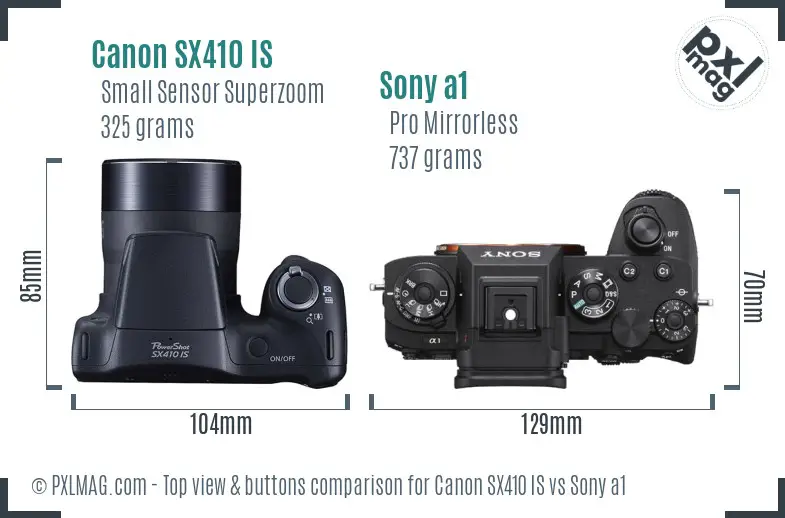 Canon SX410 IS vs Sony a1 top view buttons comparison Canon SX410 IS vs Sony a1 top view buttons comparison