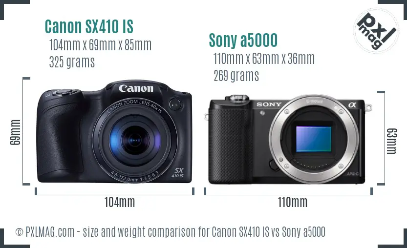 Canon SX410 IS vs Sony a5000 size comparison