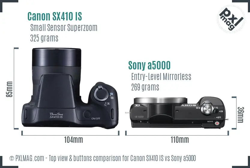 Canon SX410 IS vs Sony a5000 top view buttons comparison