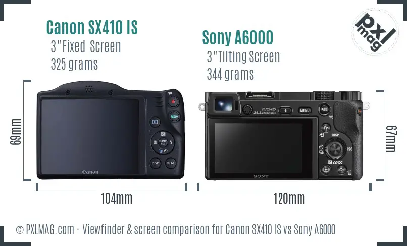 Canon SX410 IS vs Sony A6000 Screen and Viewfinder comparison