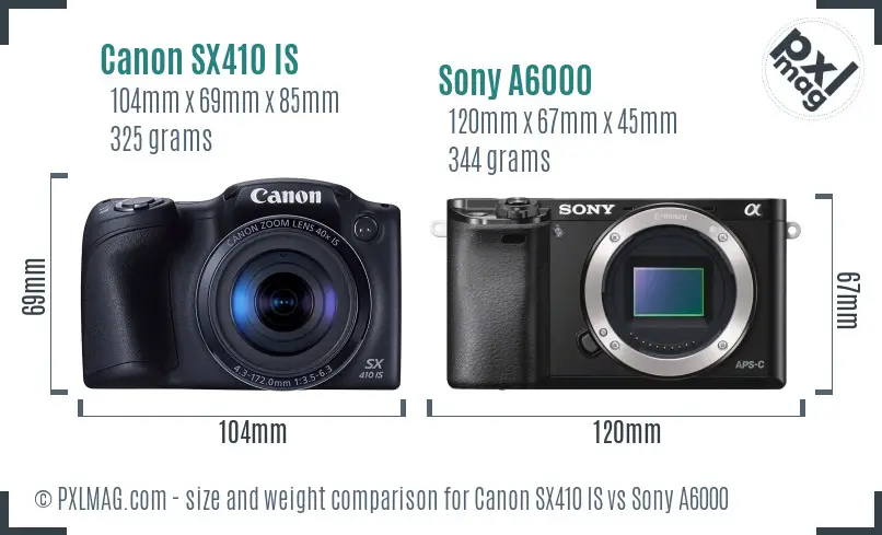 Canon SX410 IS vs Sony A6000 size comparison