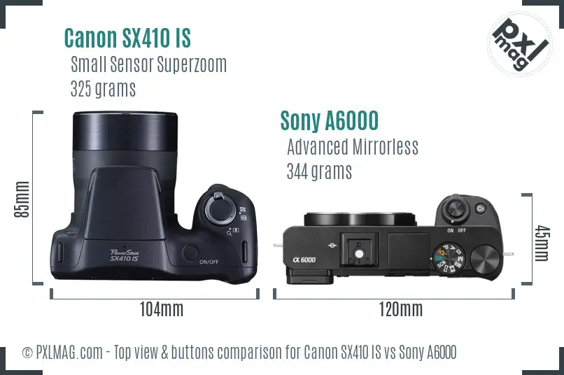 Canon SX410 IS vs Sony A6000 top view buttons comparison