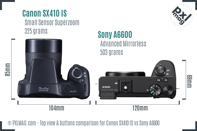 Canon SX410 IS vs Sony A6600 top view buttons comparison