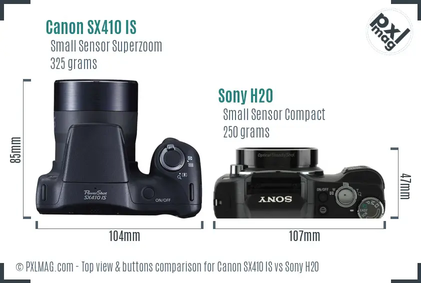 Canon SX410 IS vs Sony H20 top view buttons comparison