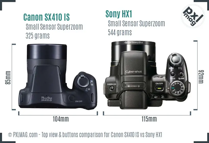 Canon SX410 IS vs Sony HX1 top view buttons comparison