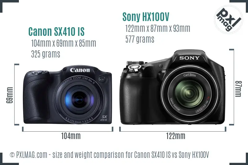 Canon SX410 IS vs Sony HX100V size comparison
