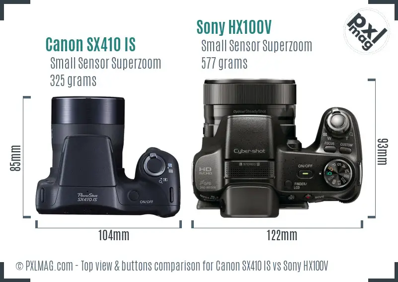 Canon SX410 IS vs Sony HX100V top view buttons comparison