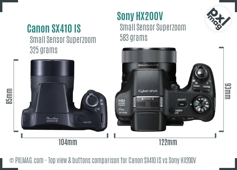 Canon SX410 IS vs Sony HX200V top view buttons comparison Canon SX410 IS vs Sony HX200V top view buttons comparison
