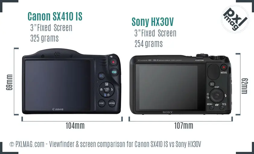 Canon SX410 IS vs Sony HX30V Screen and Viewfinder comparison