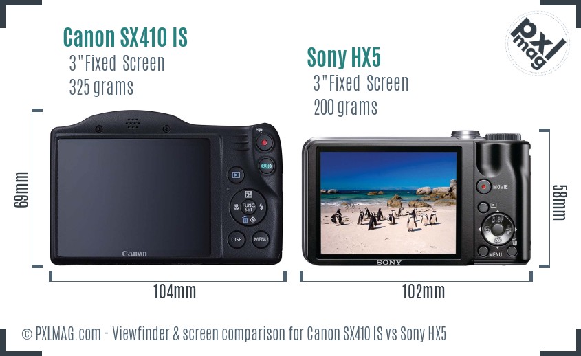 Canon SX410 IS vs Sony HX5 Screen and Viewfinder comparison