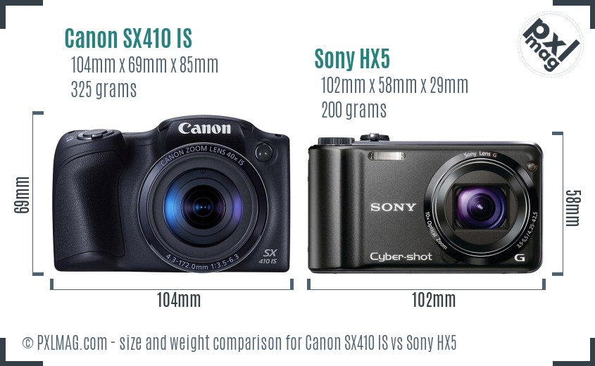 Canon SX410 IS vs Sony HX5 size comparison