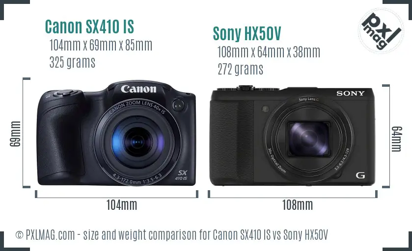Canon SX410 IS vs Sony HX50V size comparison