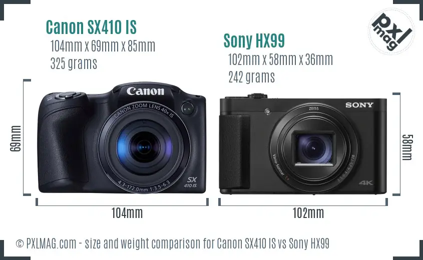 Canon SX410 IS vs Sony HX99 size comparison