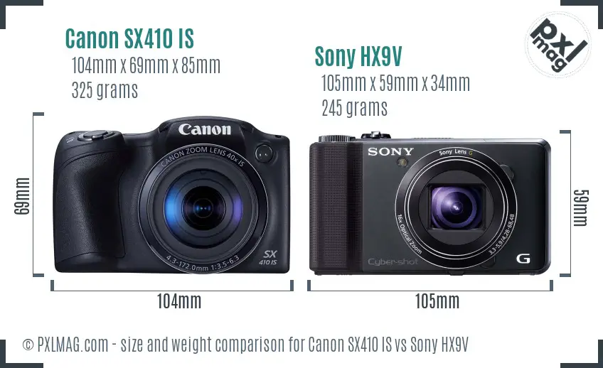 Canon SX410 IS vs Sony HX9V size comparison