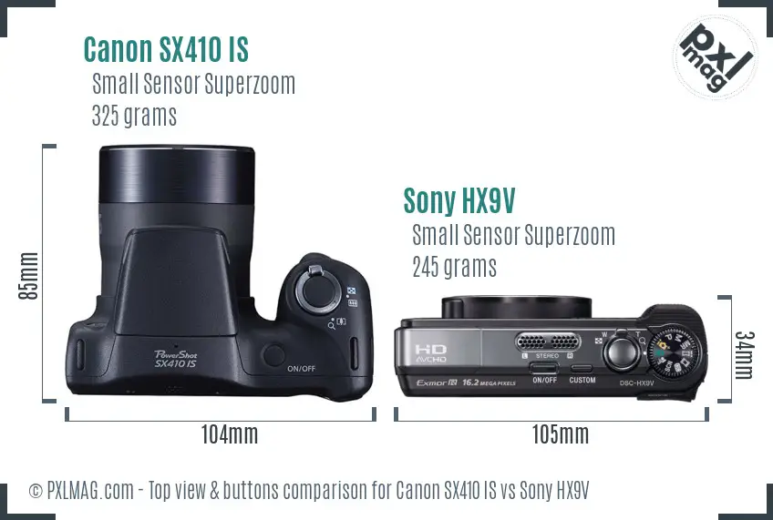 Canon SX410 IS vs Sony HX9V top view buttons comparison