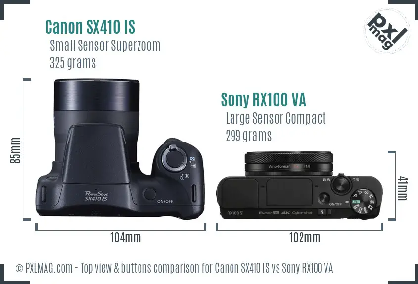 Canon SX410 IS vs Sony RX100 VA top view buttons comparison