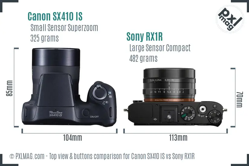 Canon SX410 IS vs Sony RX1R top view buttons comparison Canon SX410 IS vs Sony RX1R top view buttons comparison