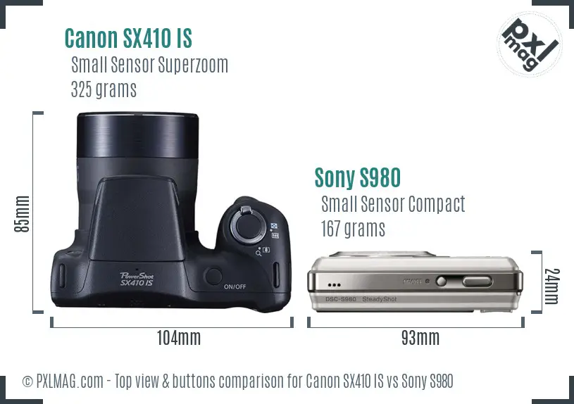 Canon SX410 IS vs Sony S980 top view buttons comparison Canon SX410 IS vs Sony S980 top view buttons comparison