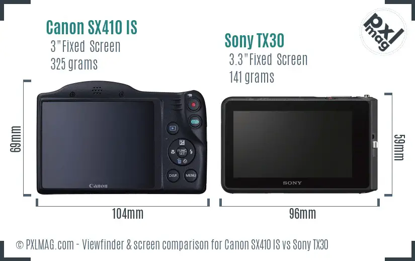 Canon SX410 IS vs Sony TX30 Screen and Viewfinder comparison