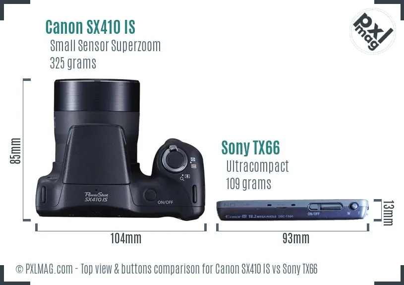 Canon SX410 IS vs Sony TX66 top view buttons comparison Canon SX410 IS vs Sony TX66 top view buttons comparison