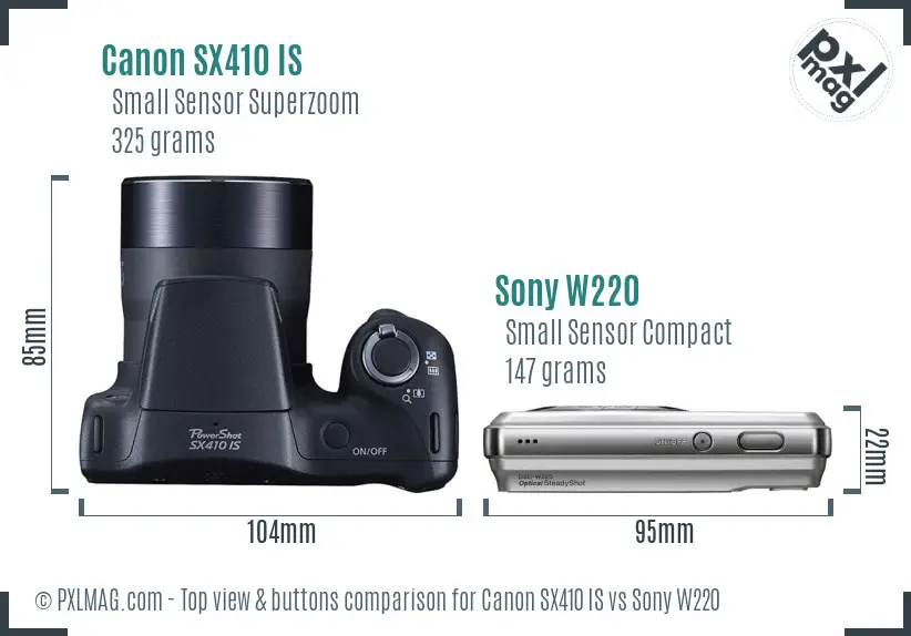 Canon SX410 IS vs Sony W220 top view buttons comparison Canon SX410 IS vs Sony W220 top view buttons comparison