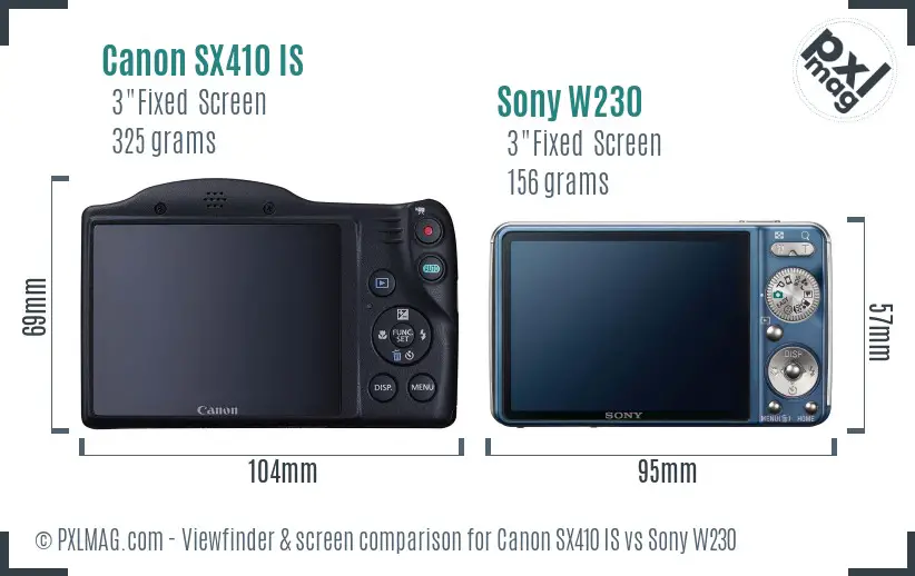 Canon SX410 IS vs Sony W230 Screen and Viewfinder comparison