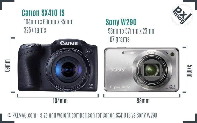 Canon SX410 IS vs Sony W290 size comparison