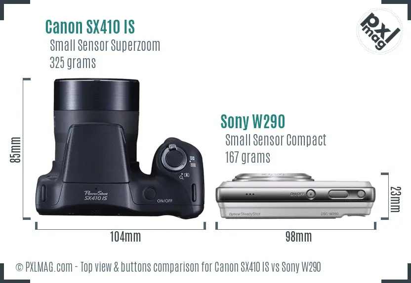 Canon SX410 IS vs Sony W290 top view buttons comparison