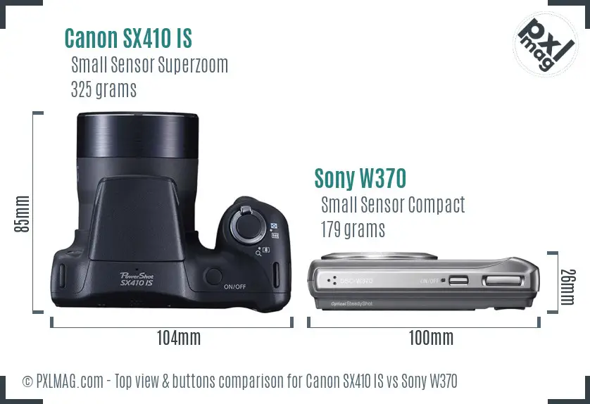 Canon SX410 IS vs Sony W370 top view buttons comparison