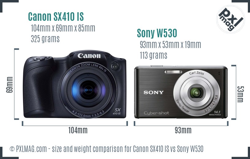 Canon SX410 IS vs Sony W530 size comparison