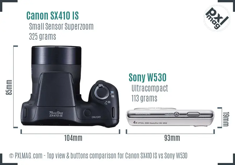 Canon SX410 IS vs Sony W530 top view buttons comparison