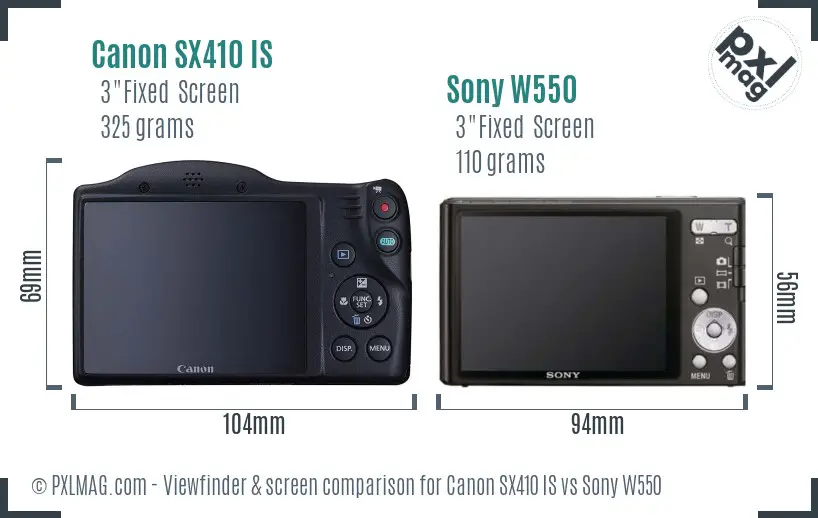 Canon SX410 IS vs Sony W550 Screen and Viewfinder comparison