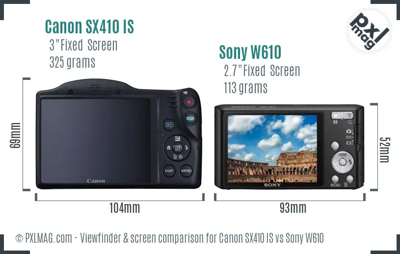 Canon SX410 IS vs Sony W610 Screen and Viewfinder comparison