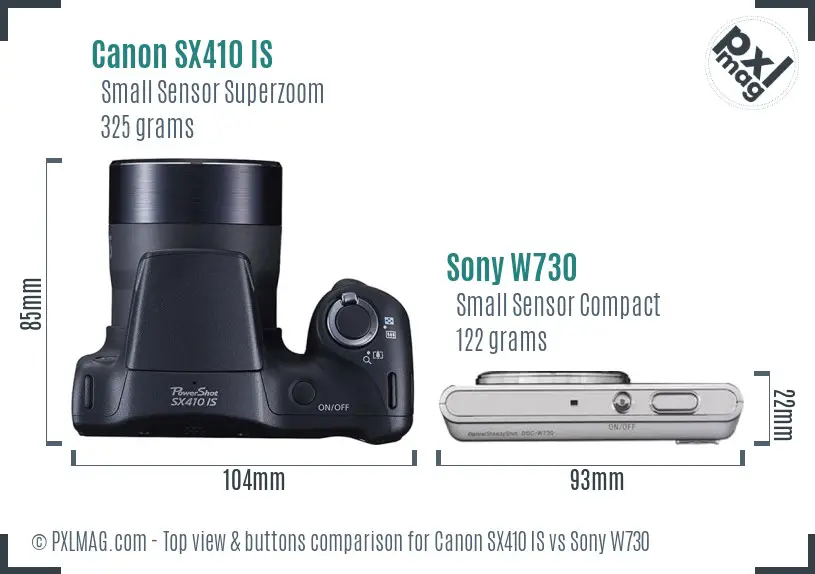 Canon SX410 IS vs Sony W730 top view buttons comparison