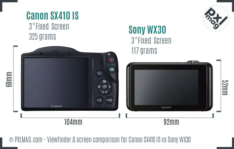 Canon SX410 IS vs Sony WX30 Screen and Viewfinder comparison