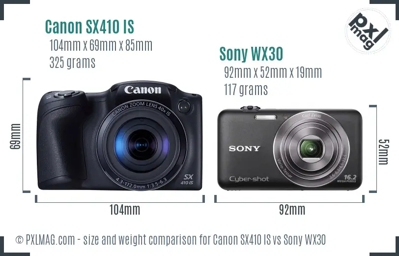 Canon SX410 IS vs Sony WX30 size comparison