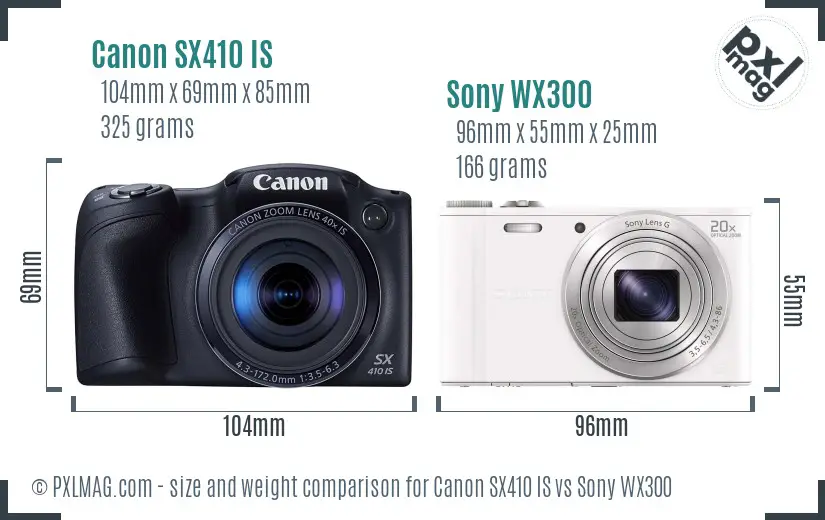 Canon SX410 IS vs Sony WX300 size comparison