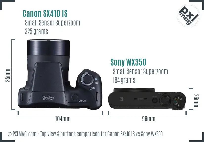 Canon SX410 IS vs Sony WX350 top view buttons comparison Canon SX410 IS vs Sony WX350 top view buttons comparison