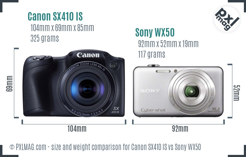 Canon SX410 IS vs Sony WX50 size comparison