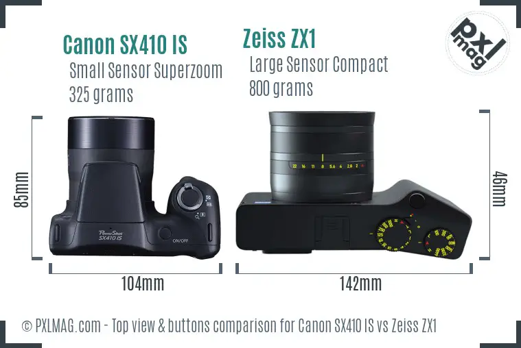 Canon SX410 IS vs Zeiss ZX1 top view buttons comparison