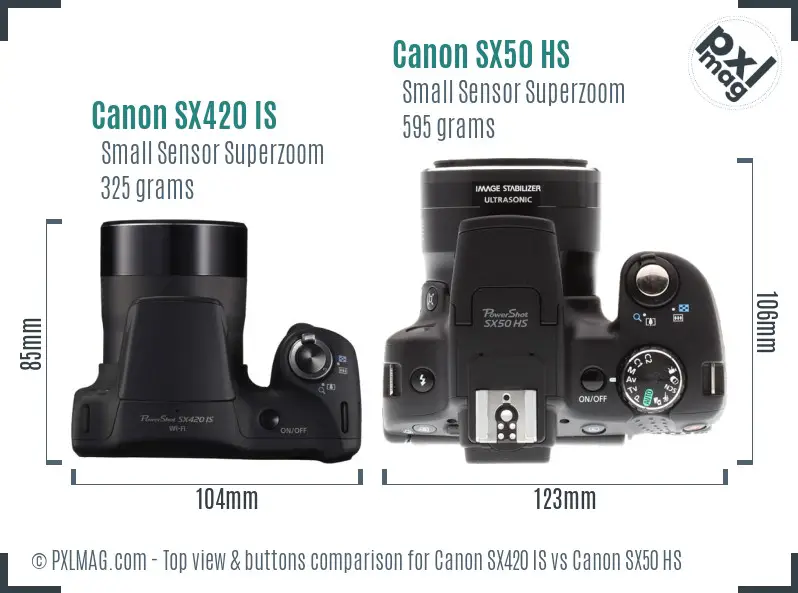 Canon SX420 IS vs Canon SX50 HS top view buttons comparison