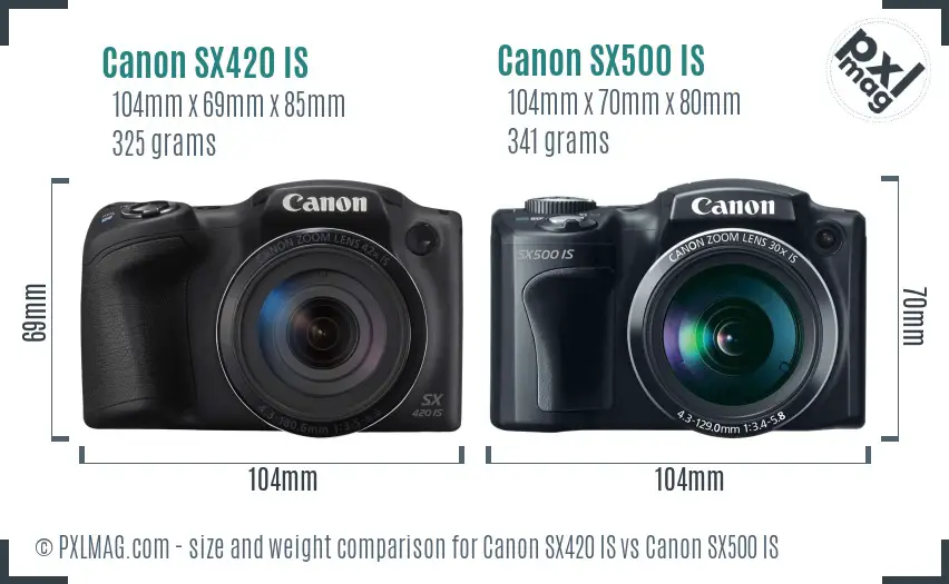 Canon SX420 IS vs Canon SX500 IS size comparison